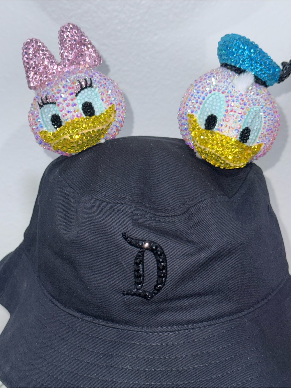 Disneyland Bucket Hat with fully bedazzled Daisy and Donald Ear Clips